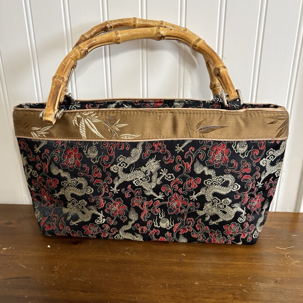 Vtg Asian Dragon Print Purse Bamboo Handles Brocade Floral Satin Rectangle